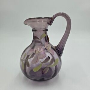 Fenton Hand Painted Glass Pitcher Vase Purple Floral Art Nouveau Style